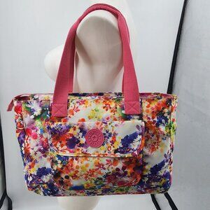 Kipling Floral Print Large 16x10 Nylon Shoulder Tote Bag Purse With Zip Top